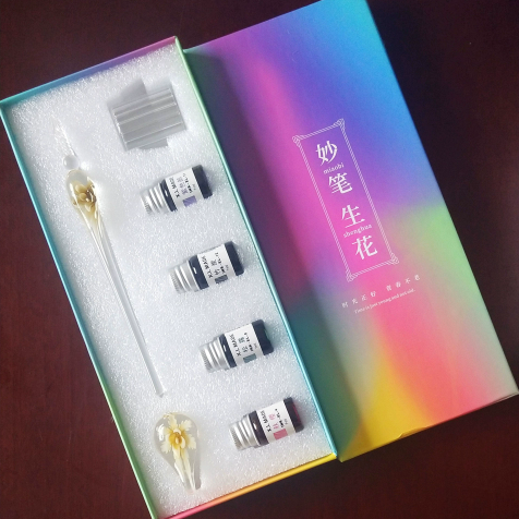 Inlaid glass pen set with starry gold glitter colored ink and dip pen